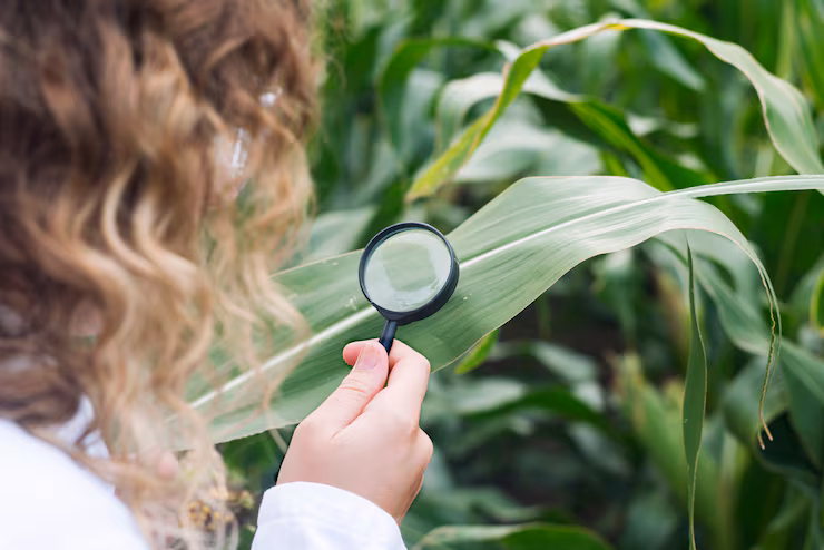 Person examining a plant leaf in a field with a notebook